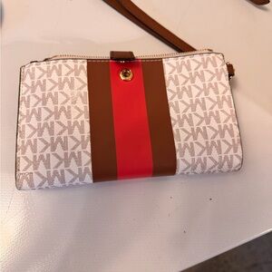 Michael Kors Red and Brown Clutch with Sporty Stripe